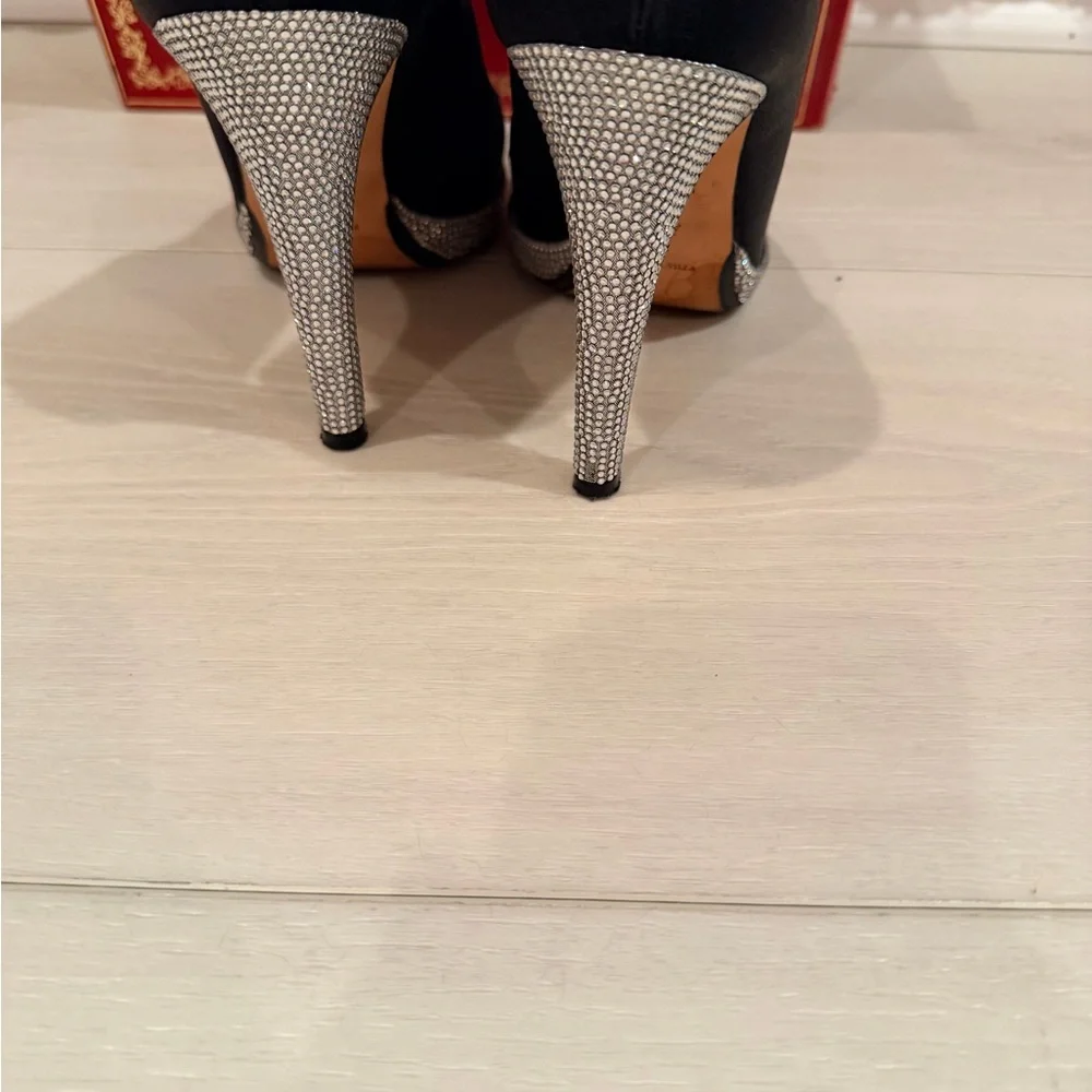 Rene Caovilla Black Satin Pumps with Crystal-Trim Heel